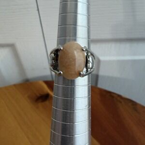 Tan Oval Stone Silver Color‎ Heart Band Size 7 Boho Gifts Preppy Travel